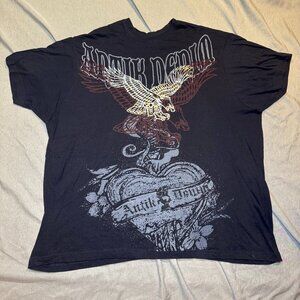 Y2K Antik Denim Skull Heart Eagle All Over Print Black Silver Designer USA XXL
